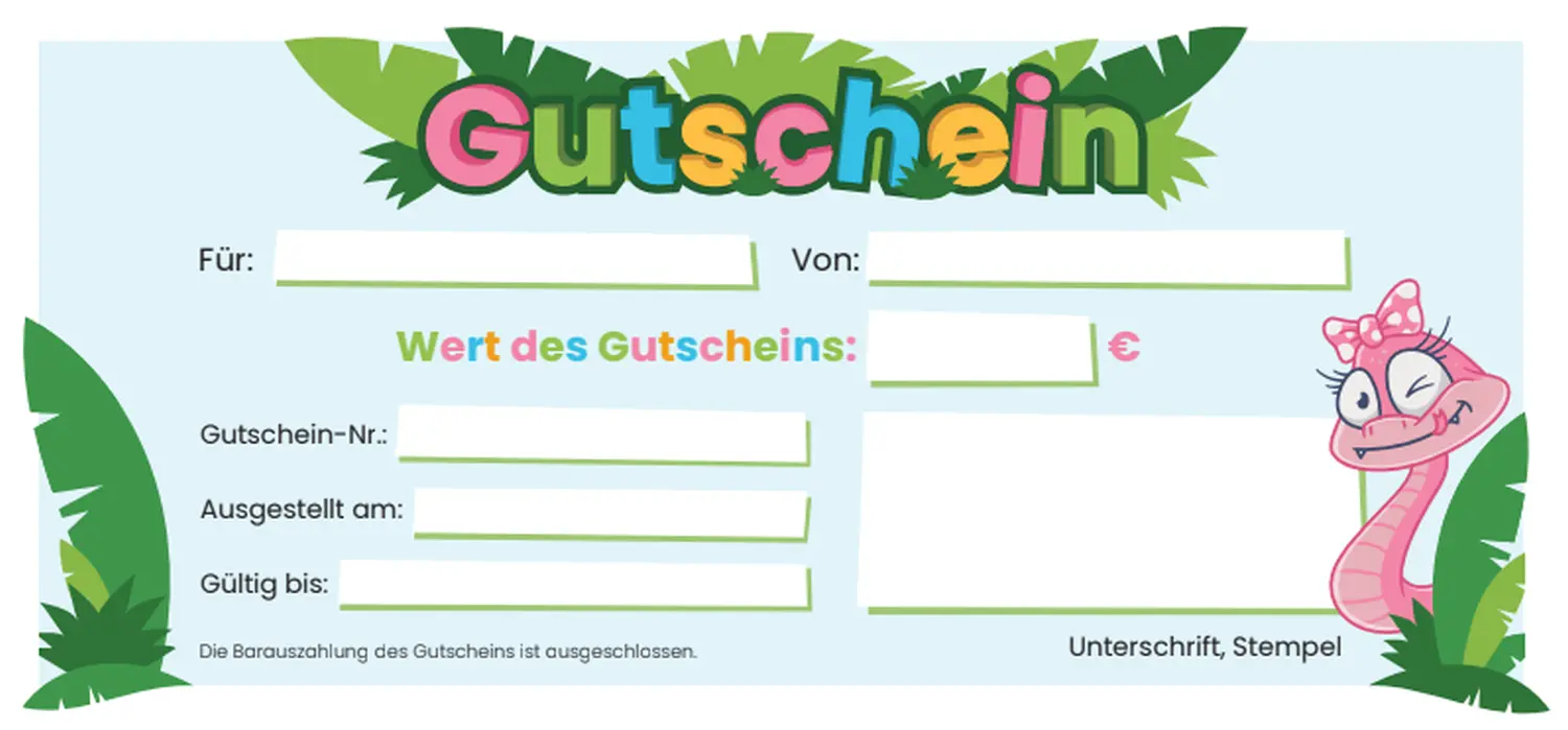 Kids Funpark, Gutscheinformular Karte