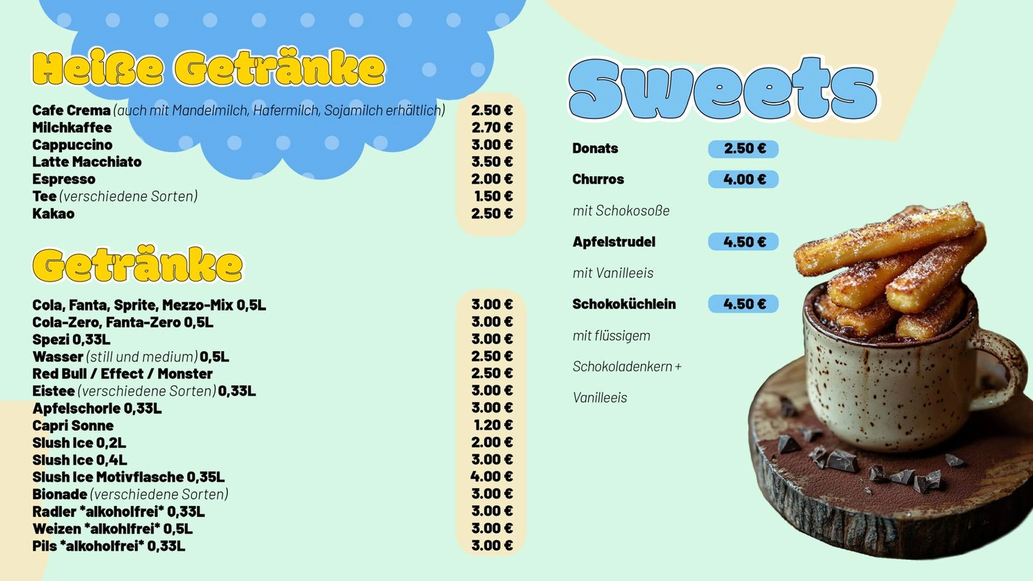 Kids Funpark, Speisekarte